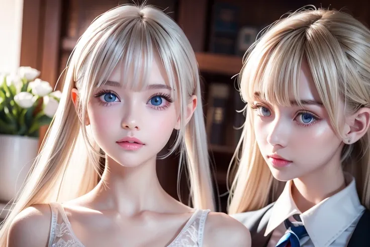  platinum blonde hair is super long, stringy straight hair 、Polate、School uniform、 bright expression 、 ponytail、 young, shiny white shiny skin 、The best beauty、 shiny bright hair 、輝く美しいbangs、Double eyelids、Eyes Liner、The brightest baby in the world with sh...