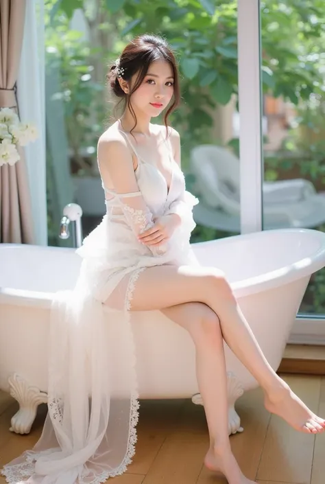 a young woman sitting elegantly on the edge of a white vintage bathtub. She is wearing a delicate white lace outfit with sheer, flowing sleeves, and the fabric drapes gracefully onto the floor. Her hair is styled in a loose, elegant updo adorned with small...