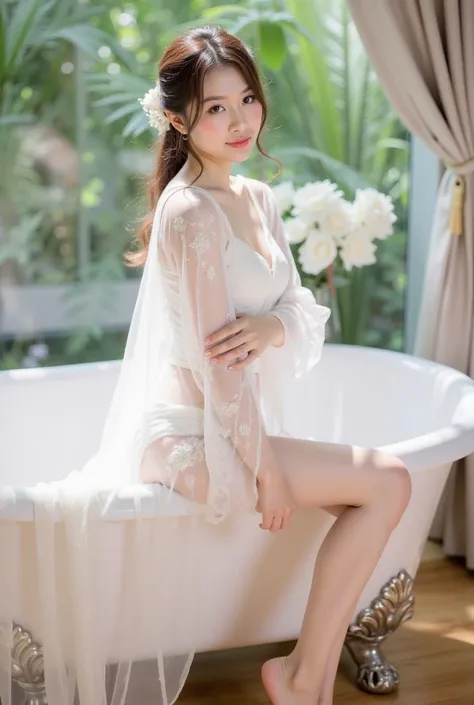 a young woman sitting elegantly on the edge of a white vintage bathtub. She is wearing a delicate white lace outfit with sheer, flowing sleeves, and the fabric drapes gracefully onto the floor. Her hair is styled in a loose, elegant updo adorned with small...