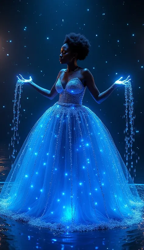 black African, plus size, Wear a luxurious bulky dress full of blue lights,  galaxy, Water gushing from your hands with neon effects and electrons , Lots of crystals of all sizes in the clothes, She rotates and the dress opens up among the stars