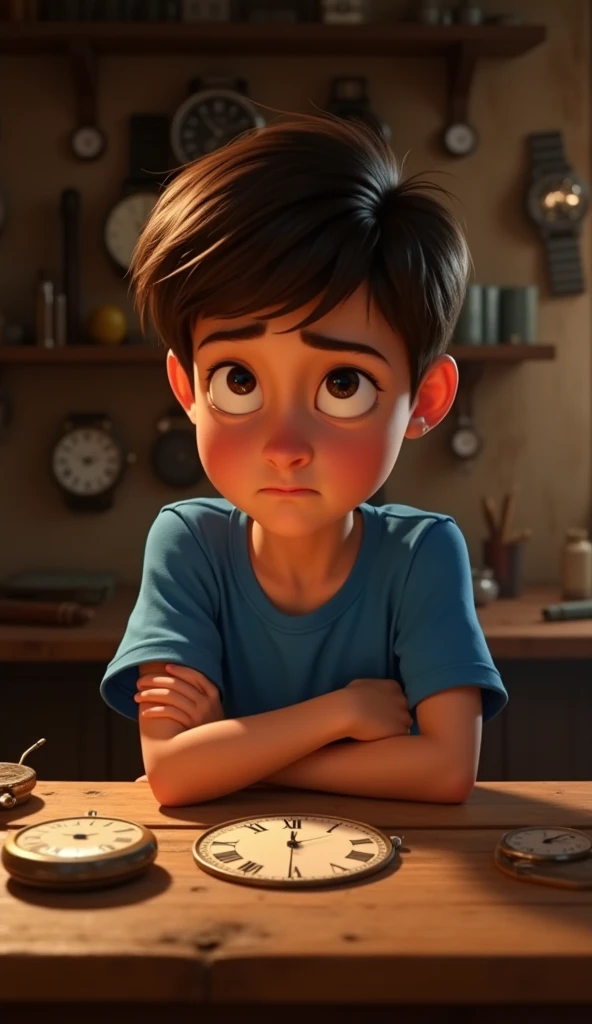 Create a Disney Pixar-style close-up of a ten-year-old boy with dark brown hair and a blue t-shirt sitting at a wooden work table in an old workshop.  The boy is frowning slightly ,  with his arms crossed and his eyes fixed on the clock . The viewpoint is ...