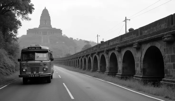 Sri Lanka
Sigiriya stone in the background on the left
Nine arched bridges on the right, an old train is driving on it
The road will apologize from right to left against the main background
Old classic minibus 
In black and white style
4k
