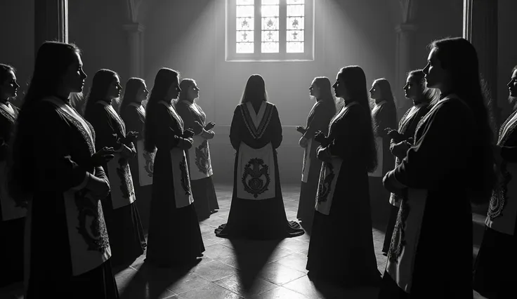 Photograph of Masonic women participating in an initiation ceremony in a mixed lodge.