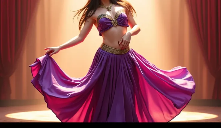 Female belly dancer about 20 years old ,  white skin and long brown hair ,  red lips、(((They dance with their attractive hips sticking out)))、((Big Breasts))、(( cleavage))、Pixar Style, Not realistic.  in a purple and gold belly dance outfit、They look very ...