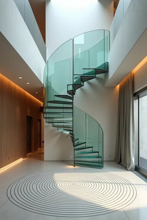 3D Perspective rendering of the design of the space under the stairs of a very modern and very minimal and very luxurious villa and the stairs spiral and completely made of glass and the space under the stairs in a very modern and very minimal style and fr...