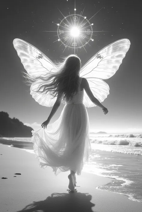  A girl with long hair ,  in a dress shining like the sun ,  the girl runs across the beach and she has queen moth wings, a halo of symbols surround her , in black and white style  