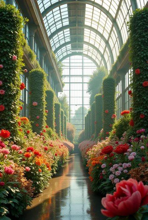 make a picture of the largest and most spacious greenhouse full of beautiful flowers 