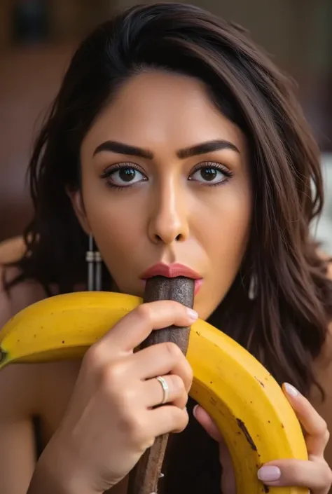 A woman eating a large banana, detailed facial features, beautiful eyes, lush lips, photorealistic, high resolution, 8k, hyperdetailed, studio lighting, dramatic chiaroscuro, cinematic, moody lighting, dramatic shadows, rich colors, vibrant, oil painting, ...