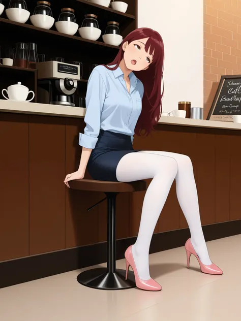 masterpiece, best quality, 1girl, {sleepy:3.0}, {white tights:4.0}, white legwear, open mouth, {eyes open:3.0}, pencil skirt, dress shirt, navy shirt, cafe, official art, dark red hair, long hair, leaning backwards, head tilt, legs bent inward, flat art st...