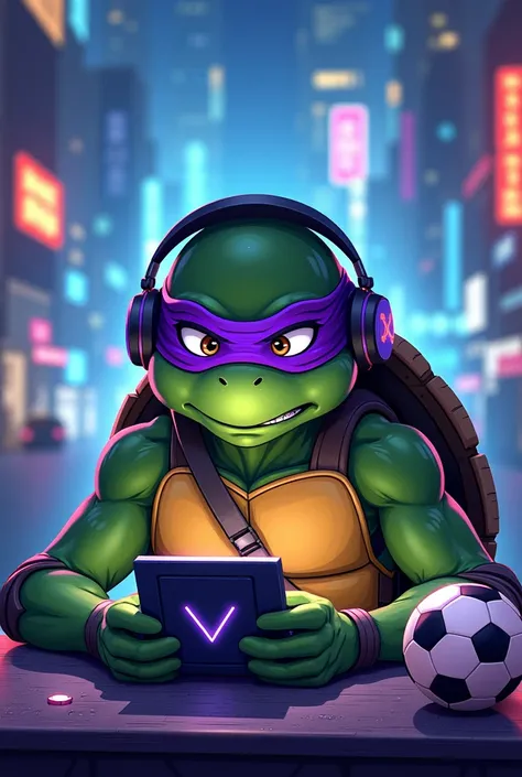  I want a vertical image that has Donatello of the ninja turtles, I want there to also be headphones for listening to music, a soccer ball and something related to virtual games 
