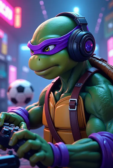  I want a vertical image that has Donatello of the ninja turtles, I want there to also be headphones for listening to music, a soccer ball and something related to virtual games 
