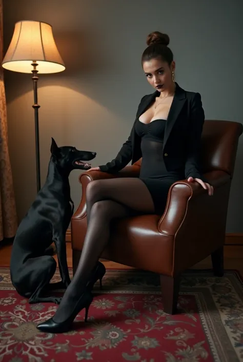 Gray room, Empty room, Warm floor lamp, brown leather armchair, Persian carpet, Black greyhound, (Man in underwear lying on the ground: 1). Donna mistress,  hair tied, Chignone ,  short sheath skirt jacket black, tight black jacket,  high heels, black shee...