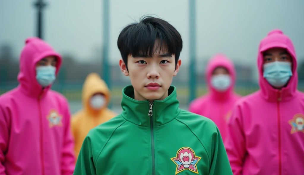  A 17-year-old Korean man wearing a costume from the movie Squid Game numbered 246, the man has dark hair, wearing green track suit  , there is a younghe doll , There are masked guards wearing pink costumes like in squid games High Resolution, 