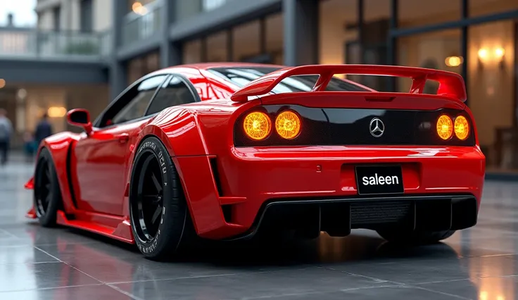 Create a 3D render of a car design featuring the [ saleen s] . The car should be viewed from the [side] in [red]. Include a [Brand Logo] prominently.
Back. The headlights should be [yellow],.the license plate should be display(saleen).  The car should have...