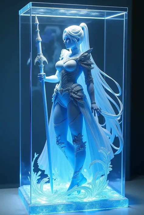 blue and white clear acrylic figure doll、beautiful warrior girl 、Looking out from inside a glass case