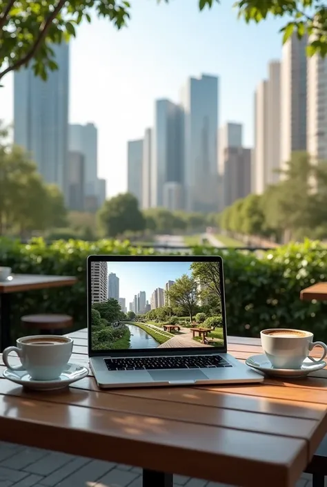  A laptop is on the table of an outdoor cafe , in front of an impressive urban landscape .  On the screen you can see an architectural rendering of a project that combines urban design with green areas.  The atmosphere has a touch of tranquility with cups ...