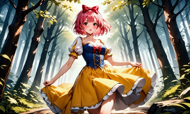 (((Picture book illustrations))), Fantasy World, (Medieval European), (Characters are on the edge), ((spring)), ((snow white cosplay, snow white (disney) (cosplay), cosplay, dress, hair bow, puff and slash sleeves, puffy short sleeves, puffy sleeves, red b...