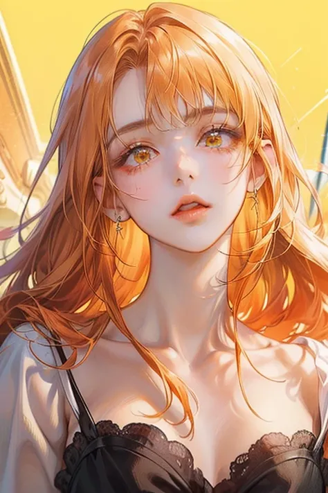 anime girl, beautiful face, long orange hair, orange eyes, charming gaze, looking at the viewer, all yellow style, rainbow background, (sharp eye details, sharp face details, body details), (make clear and good pictures), (make 4k and 8k pictures), (master...