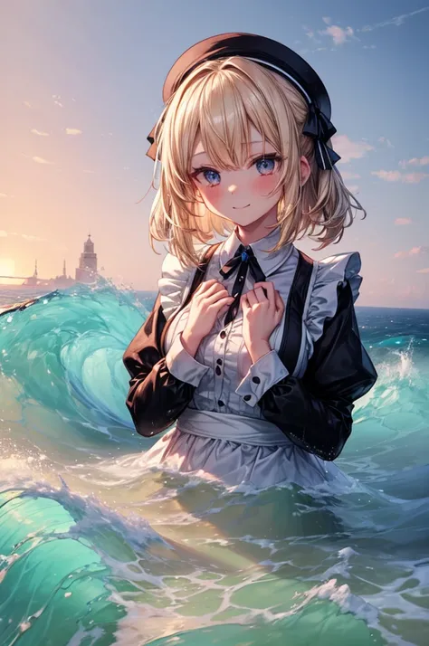 (8k,  super quality next to each other,  Masterpiece:1.2),  ultra high resolution,  cute,  girl, solo, whole body,  maid clothes, The black and white maid ,  Katyusha,  blue ribbon, sea, Wave like a  ,  bright smile,  innocent face,  mouth, soaked, whole b...