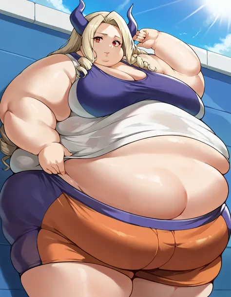 score_9, score_8_up, score_7_up, source_anime, rating_safe, BREAK mount lady, 1girl, long hair, drill hair, blonde hair, messy hair, red eyes, large breasts, tank top, midriff, sport shorts, looking at viewer, sunlight, day, summer, fat, chubby, obese