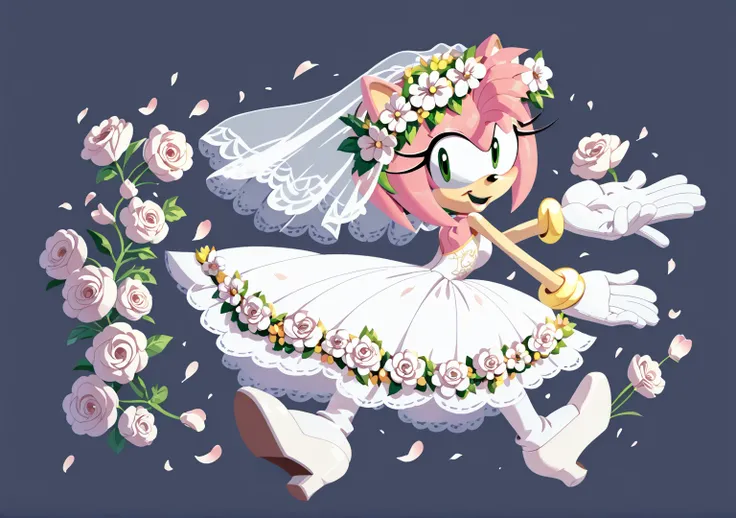 amy rose, wearing a wedding dress, flower crown, white rose heels