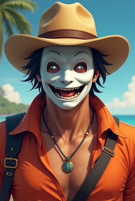 Create a male character in the Free Fire .
 I want the character to have the following traits , I want him to be wearing a straw hat like the , your eyes shine in the color white, And he's going to put on a white mask that has a huge smile on his face