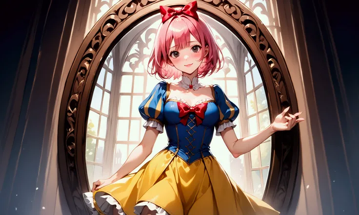 (((Picture book illustrations))), Fantasy World, (Medieval European), (Characters are on the edge), ((spring)), ((snow white cosplay, snow white (disney) (cosplay), cosplay, dress, hair bow, puff and slash sleeves, puffy short sleeves, puffy sleeves, red b...