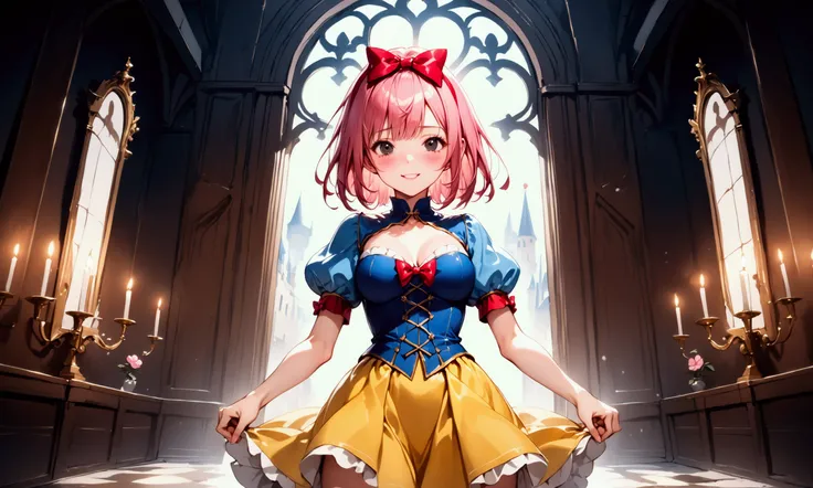 (((Picture book illustrations))), Fantasy World, (Medieval European), (Characters are on the edge), ((spring)), ((snow white cosplay, snow white (disney) (cosplay), cosplay, dress, hair bow, puff and slash sleeves, puffy short sleeves, puffy sleeves, red b...