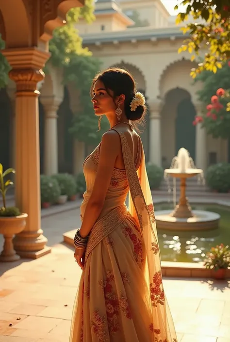 A graceful Indian woman in a saree with intricate floral patterns and gold embroidery stands in a grand palace courtyard. Her hair is styled in a bun adorned with jasmine flowers, and she wears traditional gold jewelry. The background features arched windo...