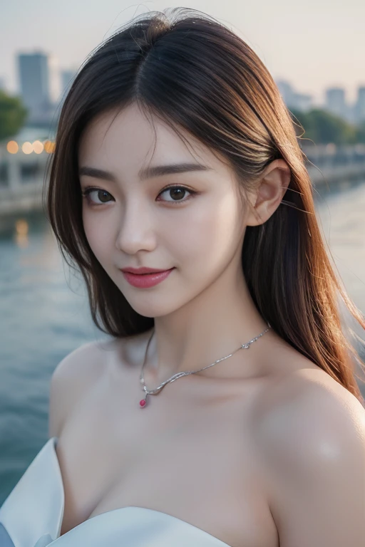 ((top quality, 8 thousand, masterpiece:1.3)), (Concentrate upon:1.2), (perfect body beauty:1.4), ((delicate hair)), Highly detailed face and skin textures, Fair eyes, double eyelid, shiny skin, smile, wear a necklace, Glossy face, small face, (tits huge:1....