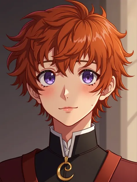 1boy ,  25-year-old boy ,   big kind eyes, purple iris, hair type 3c, coppery red hair , Principle, medieval,  medium hair,  curly hair ,  fair skin ,  freckles on the face ,  full lips,  prince, man, redhead boy, Character in 5d, Prompt 