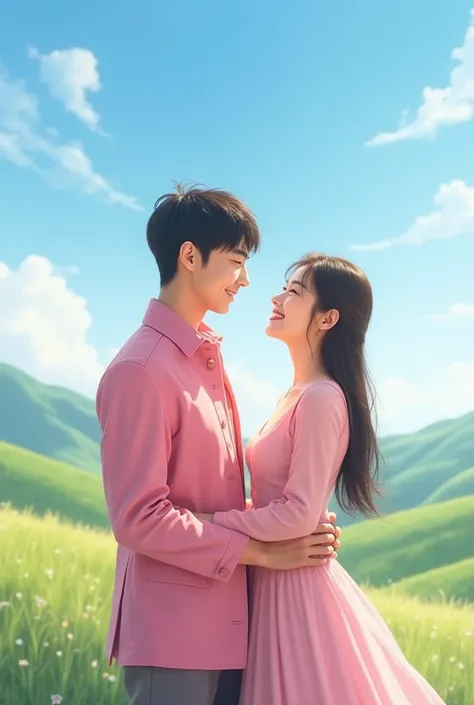  A handsome young Korean 25 years old wears a pink jacket.Kais In White Smiling   .standing , fondling a beautiful woman.wear a long ping shirt .on the hill  . Blue cloud background.