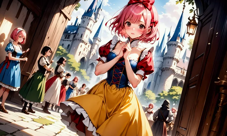 (((Picture book illustrations))), Fantasy World, (Medieval European), (Characters are on the edge), ((spring)), ((snow white cosplay, snow white (disney) (cosplay), cosplay, dress, hair bow, puff and slash sleeves, puffy short sleeves, puffy sleeves, red b...