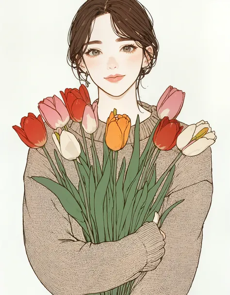  simple illustration 、 knitted sweater with a bouquet of tulips、Woman wearing a 