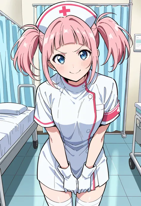 Score_9, score_8_up, score_7_up, source_anime, makeru yadano, solo, bangs, pink hair, twintails, blunt bangs, blue eyes, (best quality), (high quality), {masterpiece}, extremely delicate and beautiful, ultra-detailed, beautiful detailed eyes, nurse, nurse ...