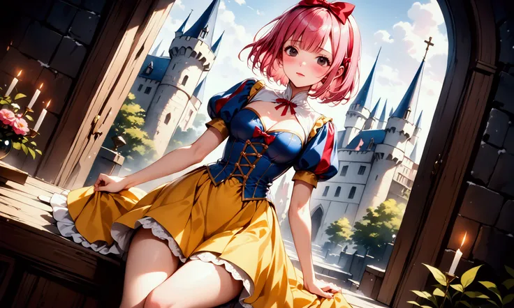 (((Picture book illustrations))), Fantasy World, (Medieval European), (Characters are on the edge), ((spring)), ((snow white cosplay, snow white (disney) (cosplay), cosplay, dress, hair bow, puff and slash sleeves, puffy short sleeves, puffy sleeves, red b...