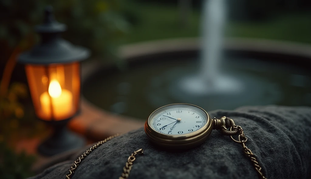 An antique pocket watch with a silver chain lay on a woman's lap. The needle stops at the number 23 :13.  The light of a garden lamp reflects a faint sparkle from the clock surface ,  as if harbouring an unrevealed secret . In the background,  a softly flo...