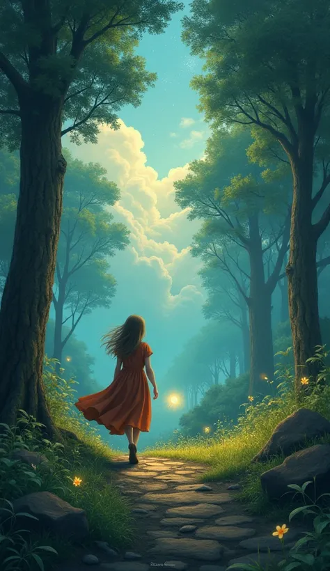 The girl walking through a lush, magical forest, the glowing prophecy safely at her side. She is determined, her cloak flowing behind her as she walks toward an uncertain future. The forest is alive with mystical creatures and glowing lights, hinting at th...