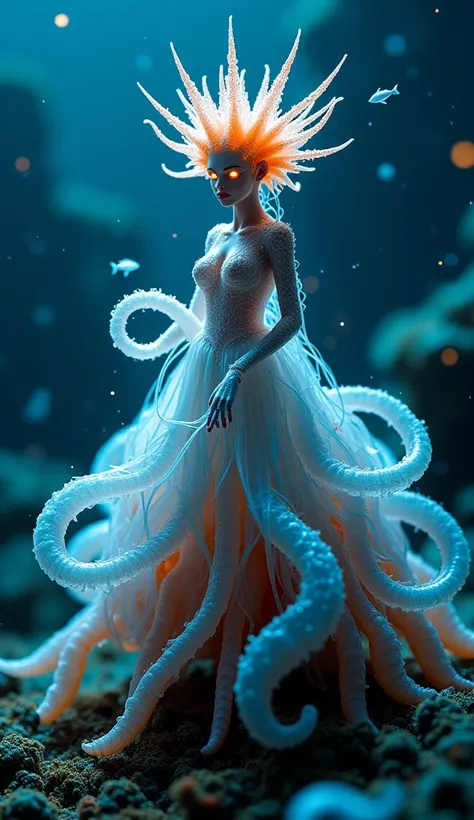 A highly detailed and cinematic macro photograph of a miniature abyssal empress, a regal yet haunting figure draped in flowing, bioluminescent robes made of translucent, jellyfish-like tendrils. Her crown is made of living coral, constantly shifting as tin...