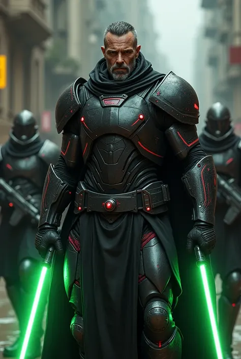 (1:A 40-year-old man wearing Mecca cyberpunk metallic black armor and futuristic red details);(1:2 scarred face from the eyes to the forehead, black and gray hair, little beard);(1:3 defined muscular body);(2:One holds a green laser sword in each arm);(2:2...