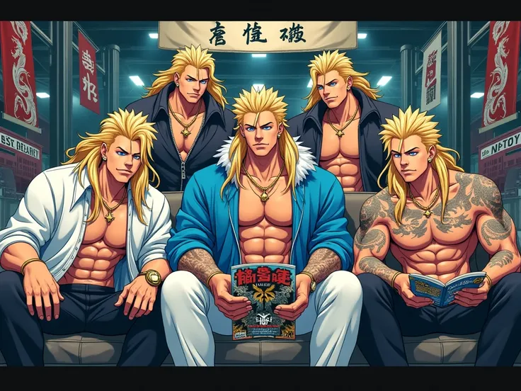 image fixe dans une usine 
un group de gang masculin de grande taille beaux gosse charismatique et puissant cheveux long blonds yeux bleu et rouge ecarlate stylé artificiel.
porte des cape blanc et bleu avec motif dragons et tatuage dragons sur tout leurs ...