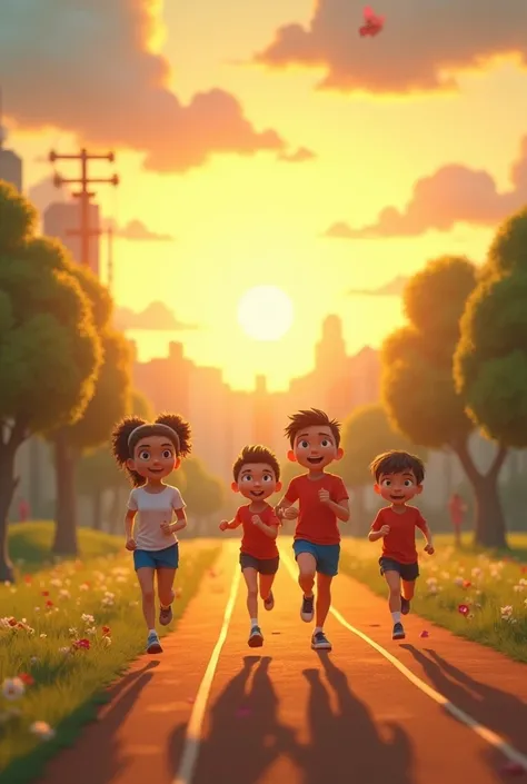 Show the morning sun rising over a happy town. s wake up excited, stretch, and run outside to a lively park. They jog together, smiling and laughing, with animated birds and butterflies around them.

Chorus: A dynamic montage of s jumping, running, and dan...