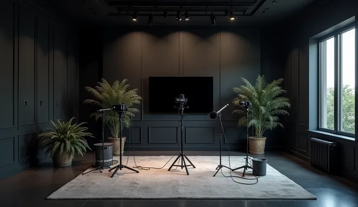  It generates a professional podcast studio ,  with cameras and microphones and a very large television on the wall, The walls are black , The place is light teniue 