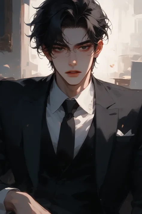 male,   black hair, one boy, black eyes,  expressionless  ,  up per body , male concentrated, concentrated, Chest, Outside the frame, reality ,  young、 cigarettesを吸う、dark president's office background 、 light perm、Bad look、 Masterpiece,  anatomically corre...