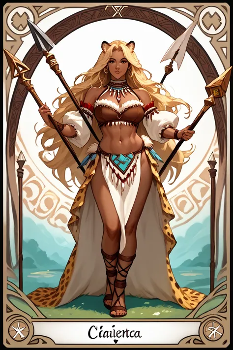 score_9, score_8_up, score_7_up, score_6_up, score_5_up, score_4_up, 
female, (cheetah:1.2), animal ears, holding spear in hands, long hair, dark_skin, dark_skinned_female, blonde hair, brown eyes, eyelashes, frills, tribal outfit,
Full body standing paint...