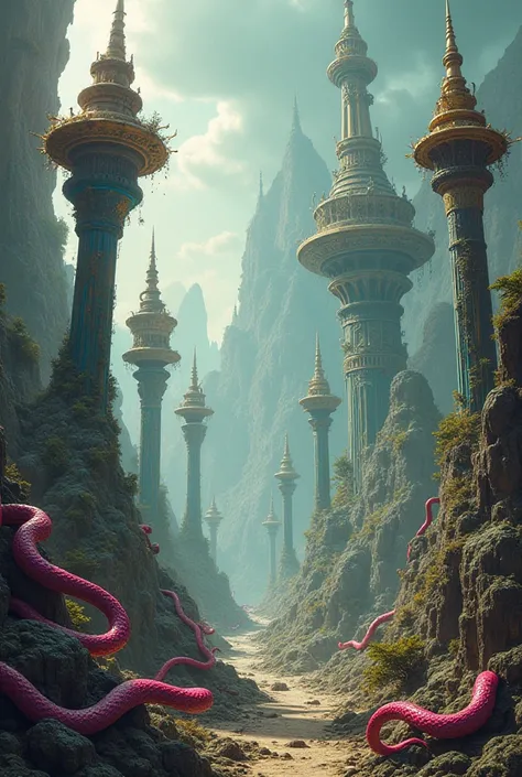 Make an image where tall attractions and snakes appear 