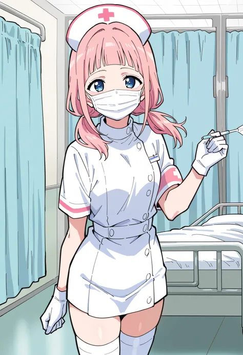Score_9, score_8_up, score_7_up, source_anime, makeru yadano, solo, bangs, pink hair, low twintails, blunt bangs, blue eyes, (best quality), (high quality), {masterpiece}, extremely delicate and beautiful, ultra-detailed, beautiful detailed eyes, nurse, nu...