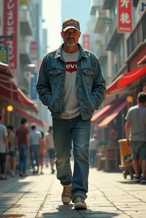 A young man wears a baseball cap.  Wearing a Levi's jacket walks on a city street sidewalk