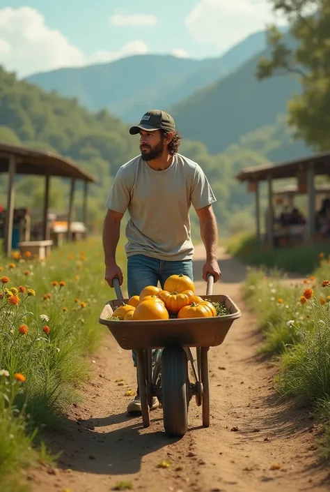 Messi is going to the market to sell gourds from his farm by wheelbarrow