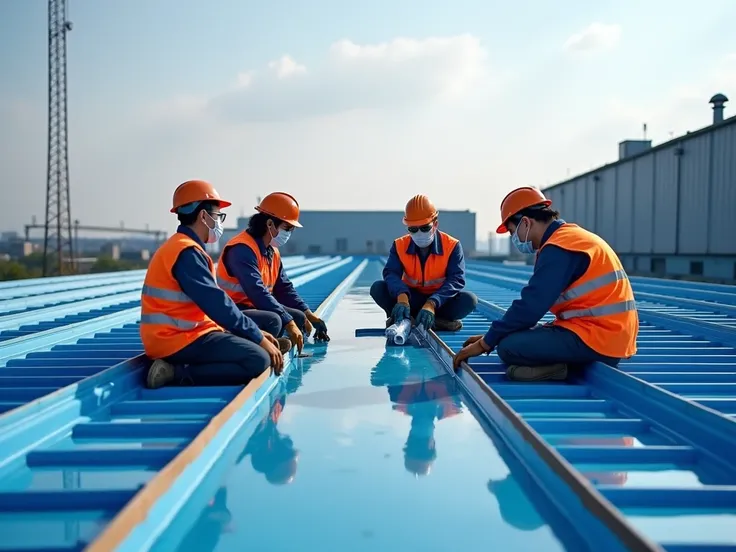 "Four Korean men sitting on a blue factory roof, waterproofing roof panels with silicone sealant, wearing safety gear and work uniforms, industrial setting, realistic style, natural sunlight reflecting on the metal panels, professional construction work, d...